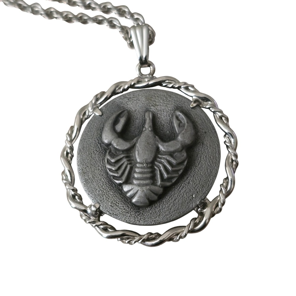 Vintage Cancer Zodiac Pendant Necklace Anson Pewter Silver Tone 24" Unisex Mens